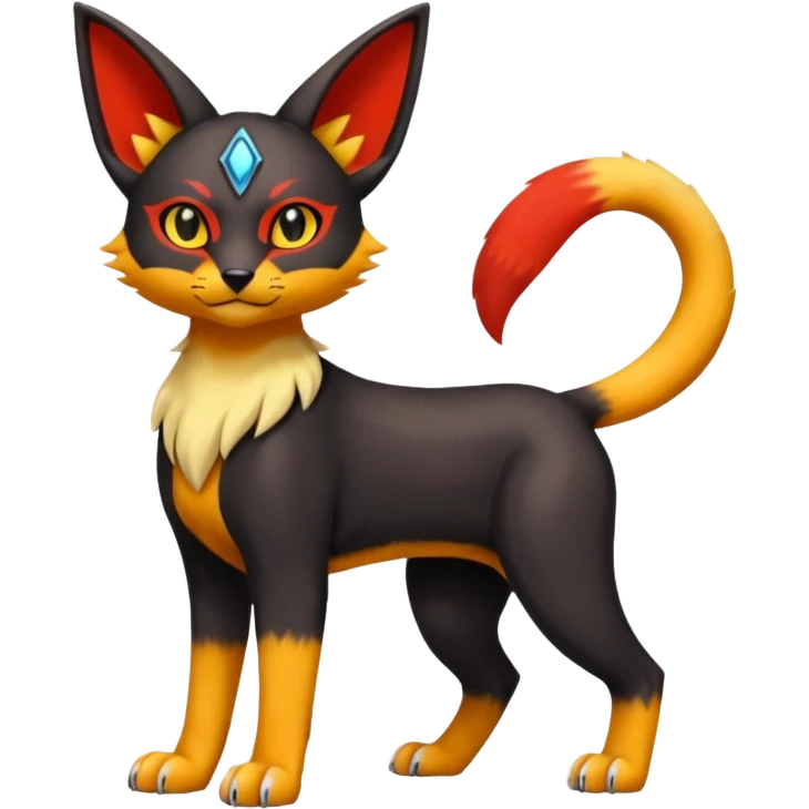 Colorful orange red black yellow Bastet-Umbreon-Gatomon-Vernid-Protogen-Digimon-Fakémon-Pokémon-creature  (full body) emoji