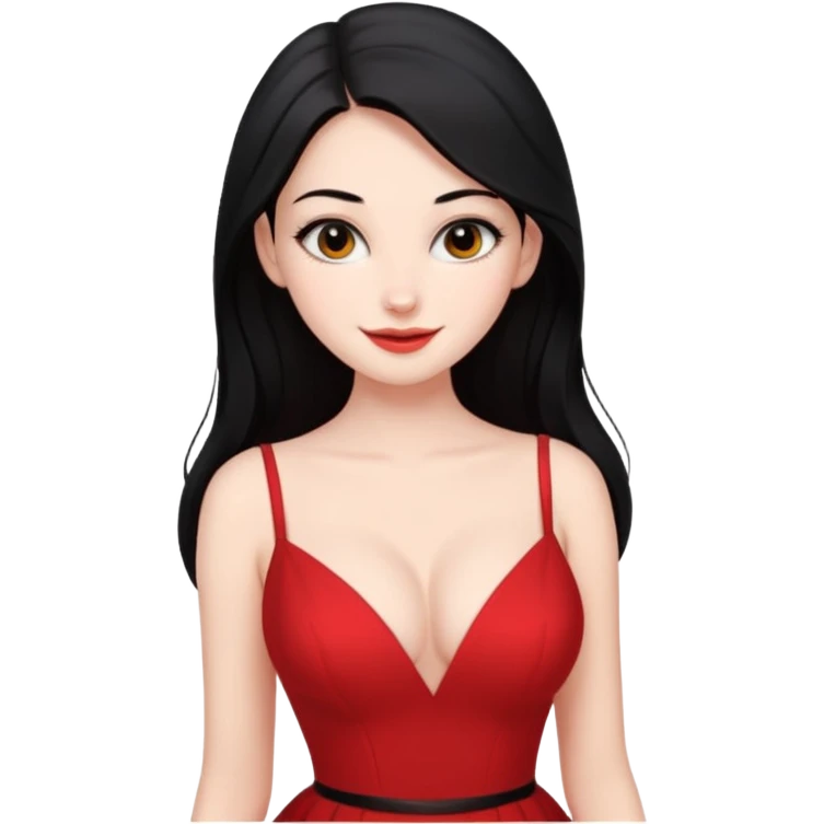 Chica súper joven y delgada pero con pechos grandes y  con delineado con vestido rojo escotado en la espalda y pelo largo negro, con sonrisa coqueta emoji