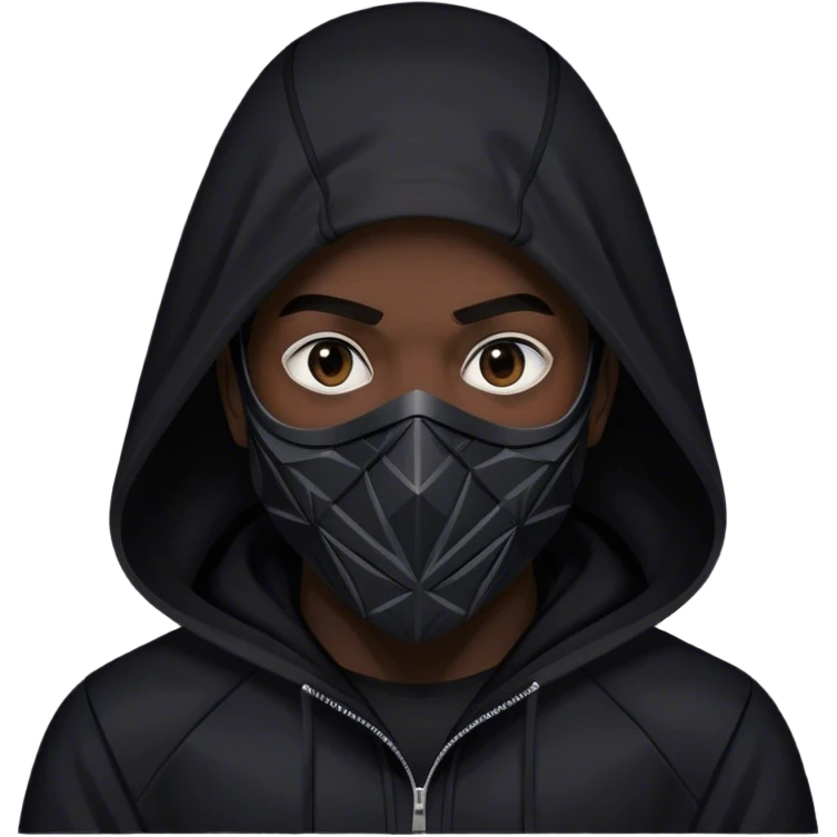 man with black hooded jacket and a full black full-face geometric mask emoji