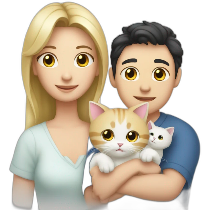 Family of 3- mum-dad-baby girl-white cat-black cat emoji