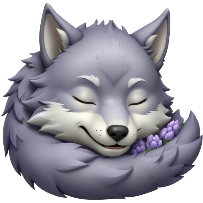 Meme-Worthy Cute Sleeping Werewolf Portrait Emoji, with a cuddly, miniature lupine form in soft moonlit grays and silvers, head resting peacefully with gently closed dreamy eyes and a small, content smile, simplified yet irresistibly endearing, highly detailed with a soft glowing outline that captures the cozy, sleepy essence of a werewolf after frolicking under the full moon! emoji