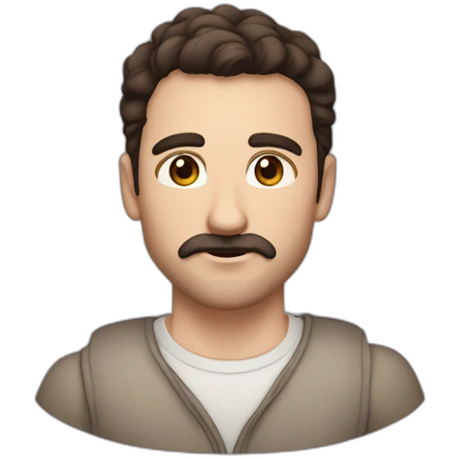 A young Caucasian man with dark brown eyes, almond-shaped eyes, short dark brown hair, and a small dark brown beard with a more prominent mustache. emoji