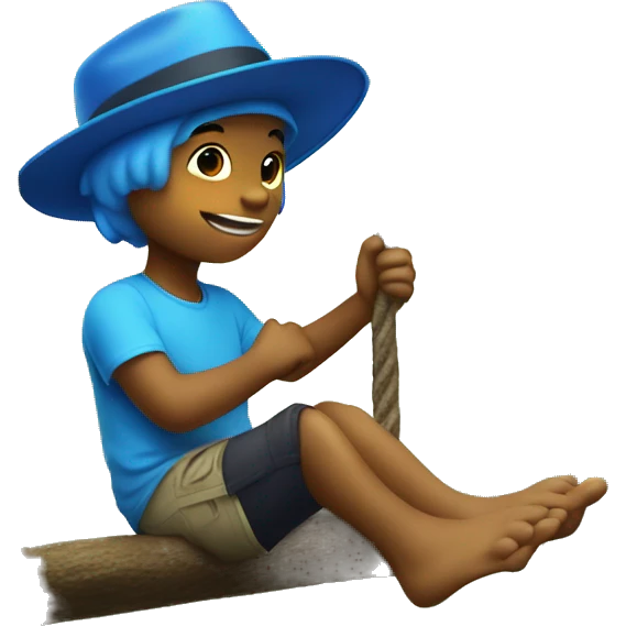 A dinosaur boy with a blue summer hat in the forest on the swing emoji