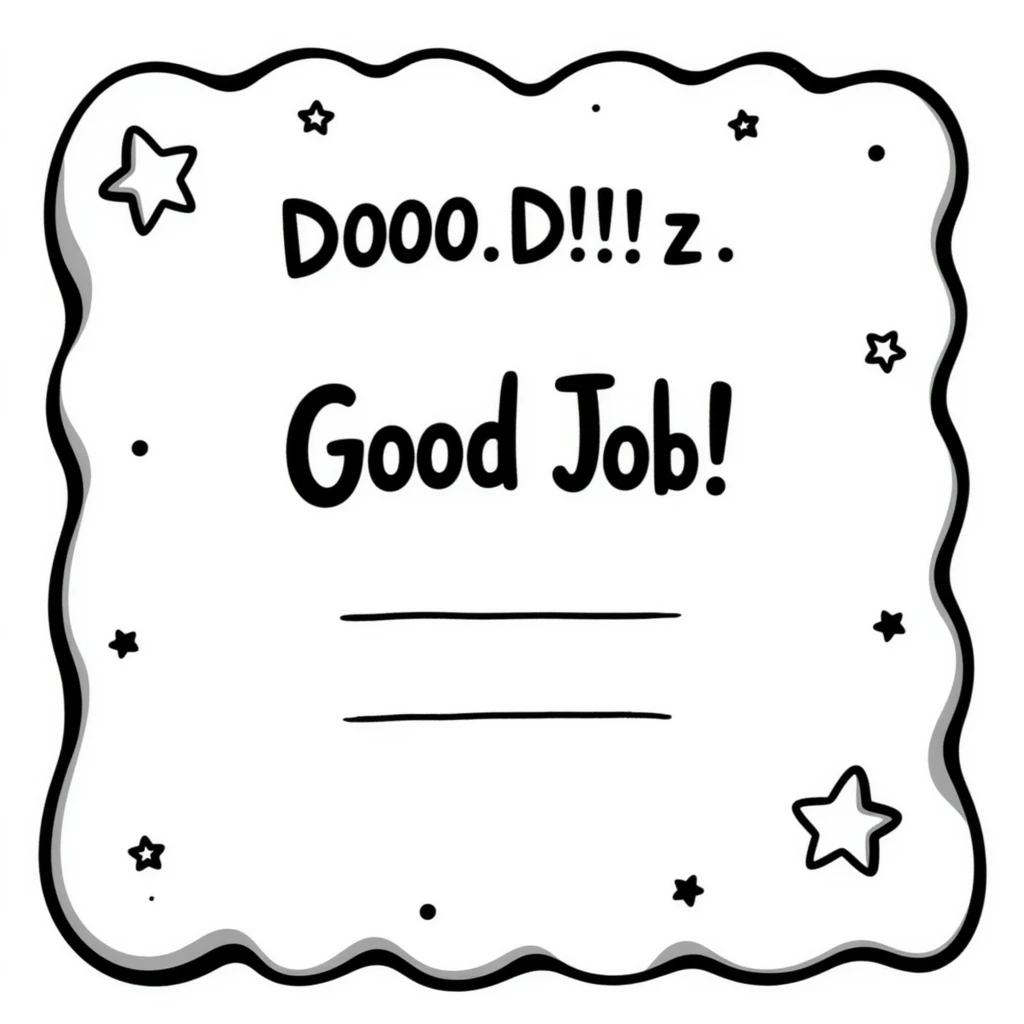 Certificate with decorative border, "Good Job!" text in the center, and stars scattered around the edges emoji