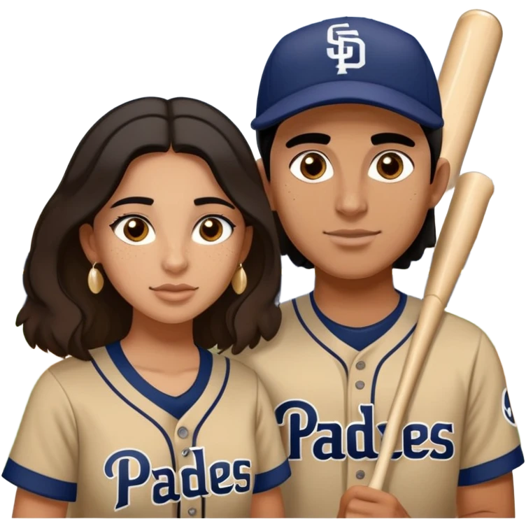 Couple in love in a game. They are girlfriend and boyfriend. Not sibling. Girl has medium cheeks and freckles on the nose. Long light brown hair. The boy has black hair and prominent eyebrows with egipcian nose. Both are wearing “Los Padres” baseball jerseys and with a sign that says “Go Padres” emoji