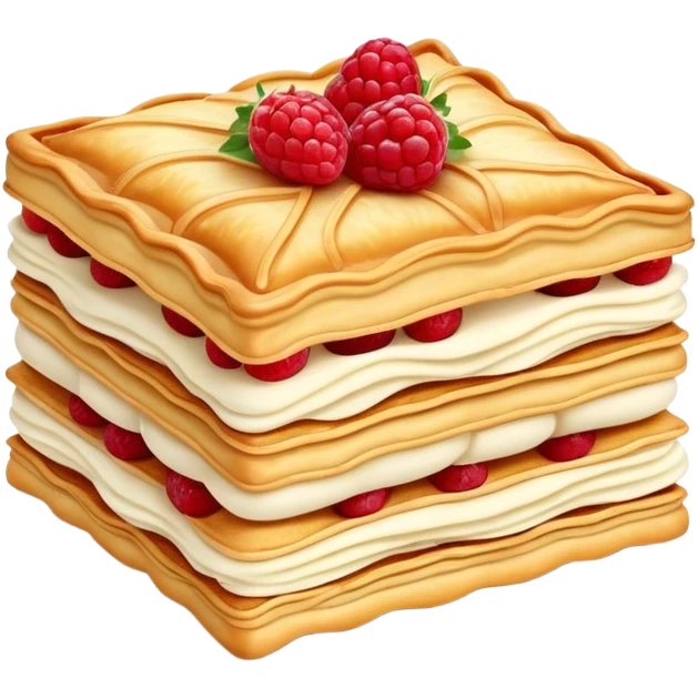 Mille-feuille Cinematic Realistic Mille-Feuille Dessert Emoji, depicted as a delicate pastry composed of two crisp layers of puff pastry with a rich cream filling, rendered with intricate textures and elegant, soft lighting. emoji