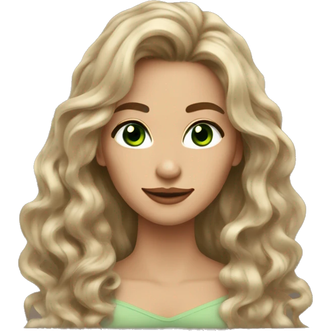 hot woman long brown wavy voluminous hair with green eyes beige skin emoji