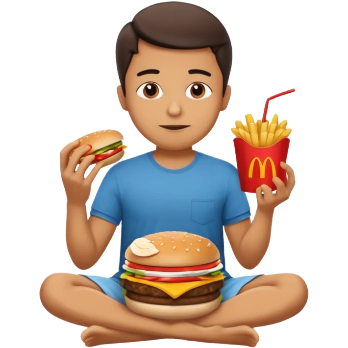 man in lotus pose eating McDonalds burger and fries emoji