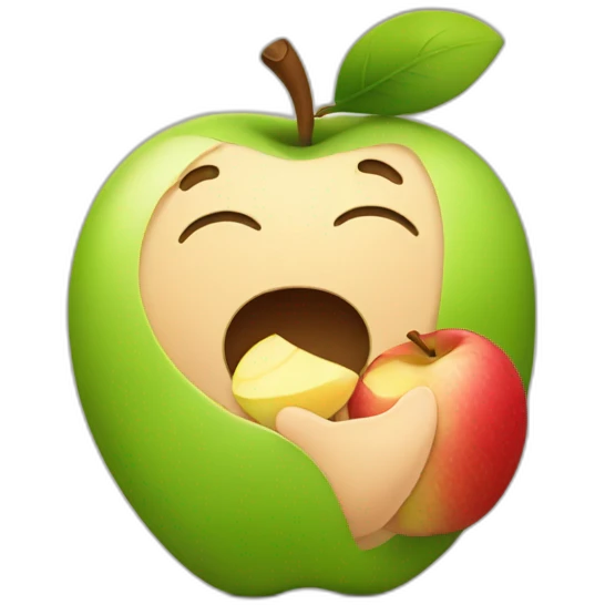 an infant eating an apple in the shape of the apple logo emoji