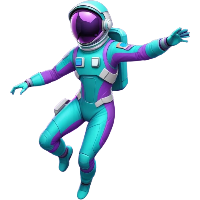 Stylized futuristic astronaut in mid-flight pose, sleek purple and neon teal suit, flat vector design, heroic silhouette, dynamic diagonal motion lines emoji