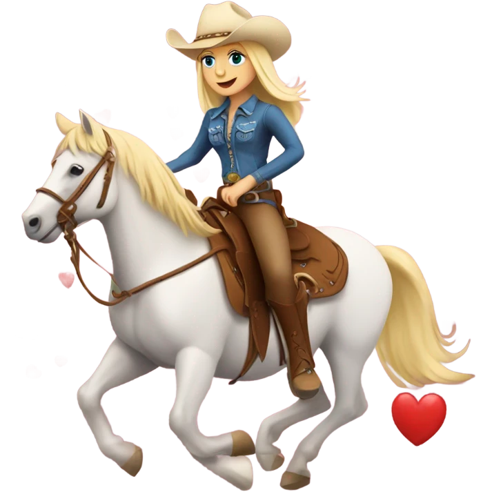 A cowgirl with blonde hair riding a horse with hearts around them emoji