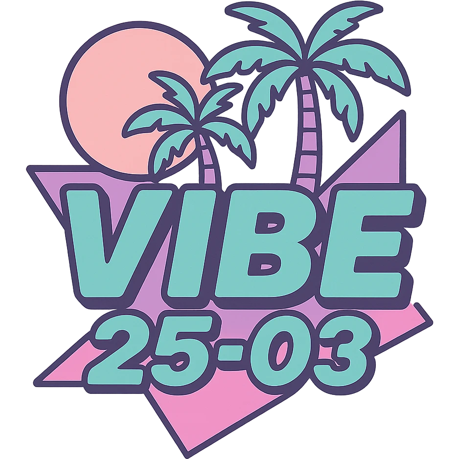 Add Miami Vice retro colors including pastel pink, teal, turquoise, and purple to the VIBE25-03 logo. Maintain the 80's summer vibe with palm trees and geometric shapes. Use a vibrant, stylish palette with a transparent background. emoji