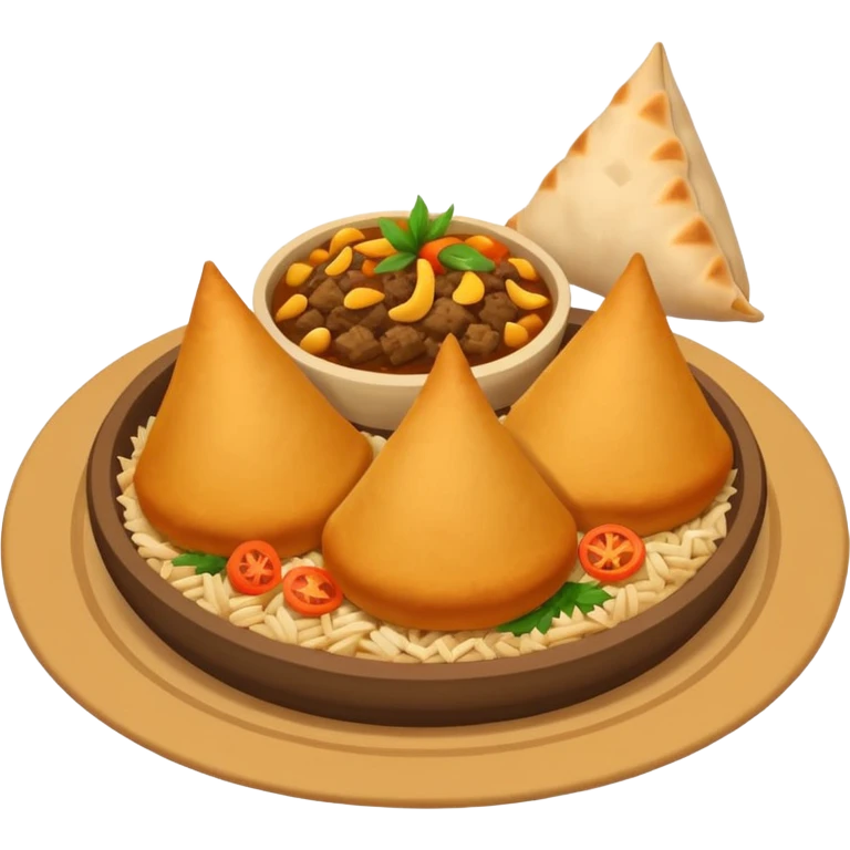 Uzbek cuisine humanless avatar in bright emoji-style illustration. Classic dishes like plov and samsa, warm golden and earthy tones, simple shapes, flat design, high contrast, friendly and appetizing. emoji