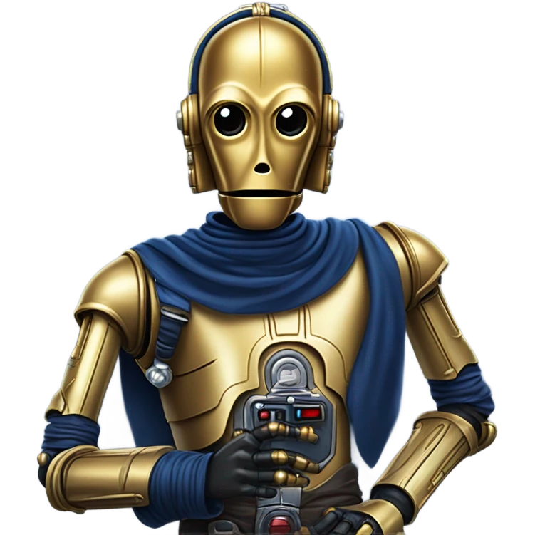 darkblue-pearl smiling bounty hunter c3po droid wearing backpack, saddlebags and light saber ready to fight at ease. steampunk emoji