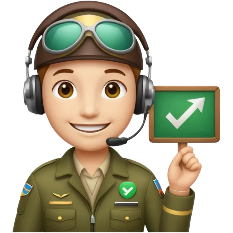 Slack-style emoji of a pilot wearing holding a green board with a white check mark emoji
