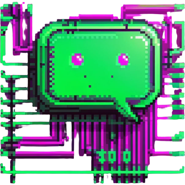 minimalist cartoon emoji of a chat bubble with circuit lines, LLM/AI theme, Matrix-inspired cyberpunk style, three neon green shades with magenta, clean crisp pixel lines, techy sticker look, stroke, futuristic digital feel emoji