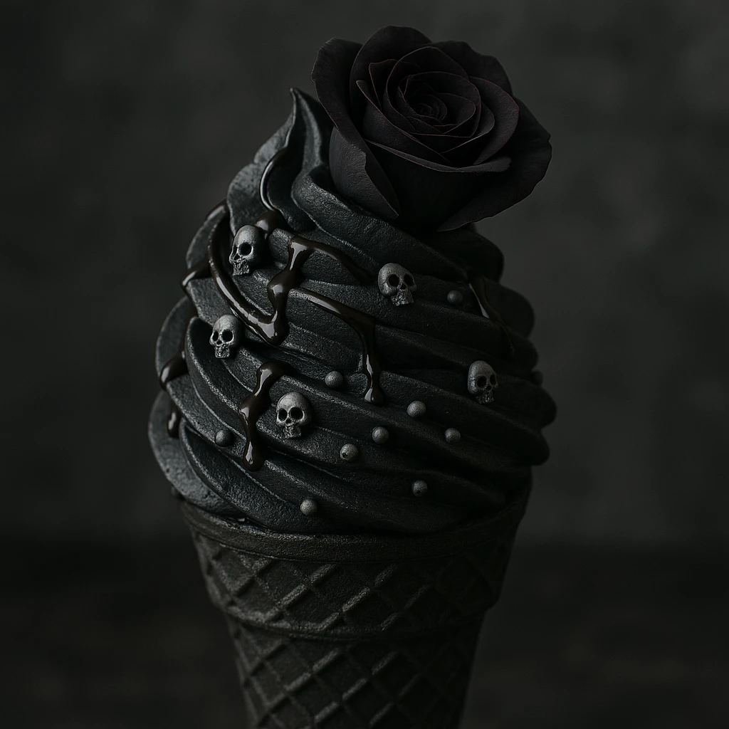 Gothic ice cream with black chocolate drizzle, tiny skull sprinkles, and a dark rose on top in a general style. emoji