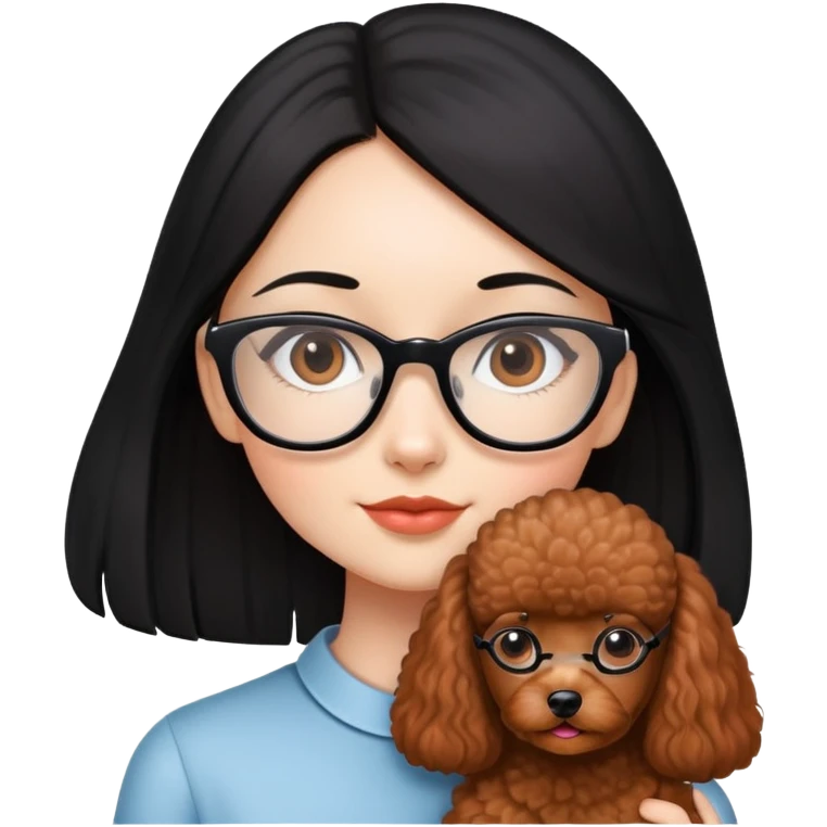 A beautiful girl with glasses with fair skin has long straight black hair with and a miniature reddish-brown Poodle. emoji