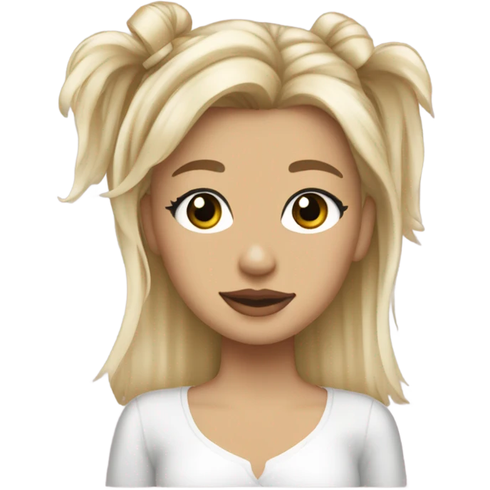  Create a sticker of a blonde girl with pearl beige highlights in her hair, holding a slightly messy Yorkie with a little bow. emoji