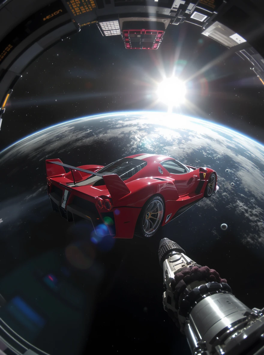 Cinematic still of a ferrari f40 floating in space, shot by space camera connect to spaceship, sun flare, big earth in background, captured by gopro hero with effect fisheye emoji