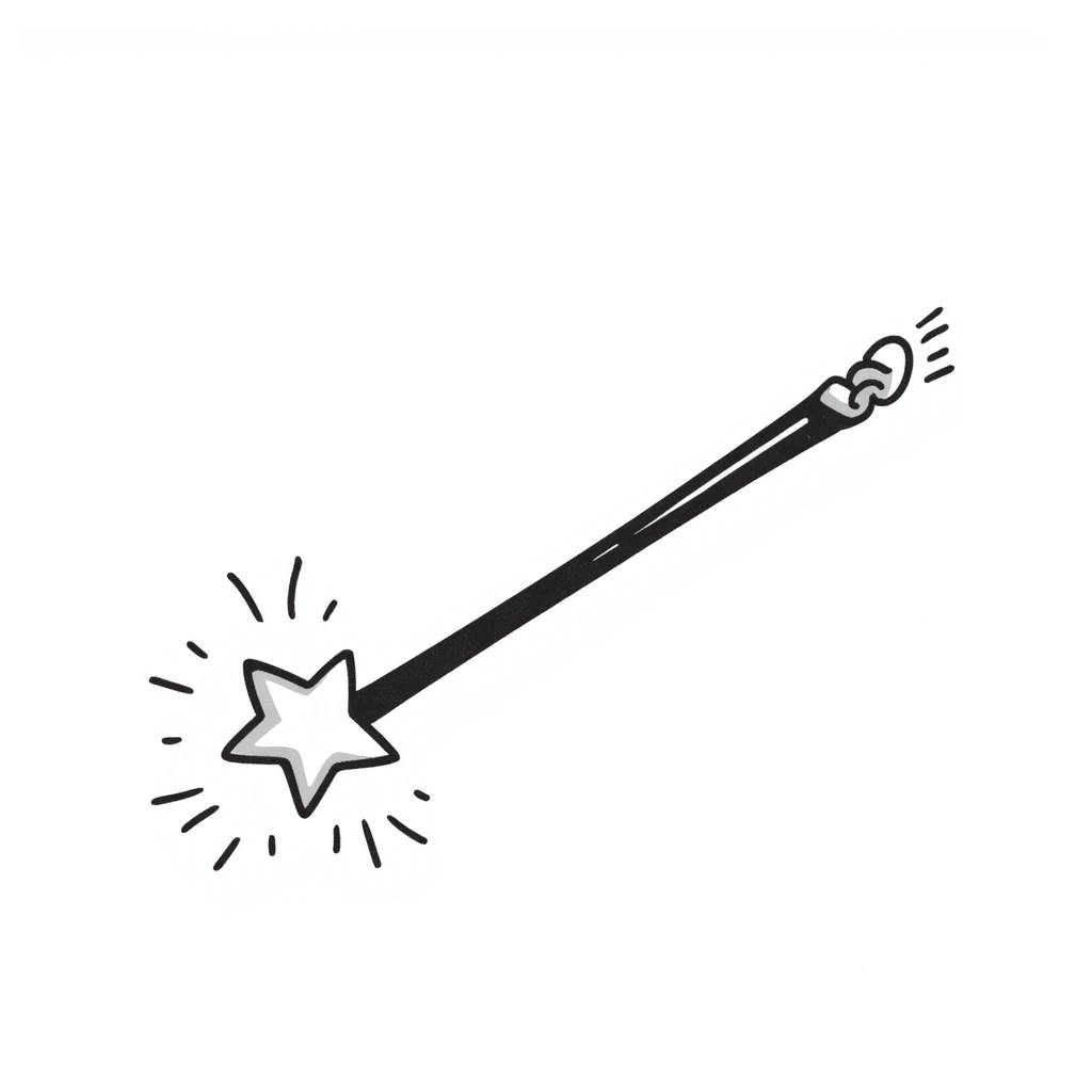 Hand-drawn magic wand with sparkly star tip and magical effect emoji