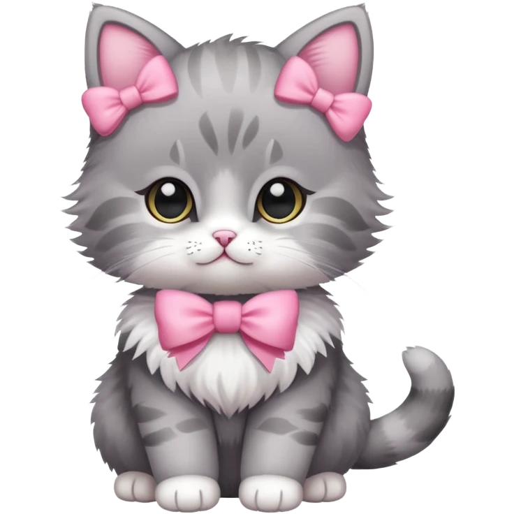 cute baby cat, full body, fluffy, gray with pink bow emoji