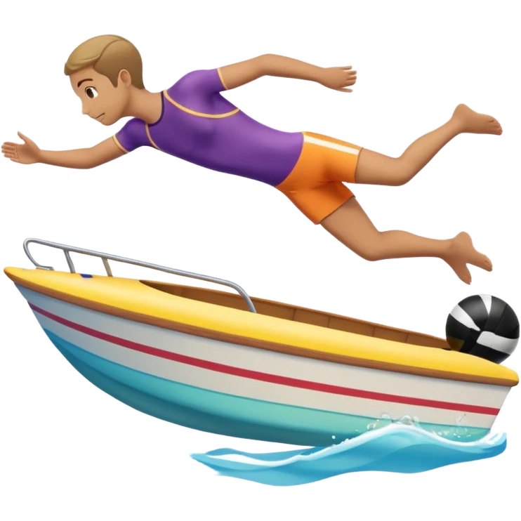 Emoji-style side view of boat with person diving off, rounded cute features, soft shading, colorful, PNG cutout emoji
