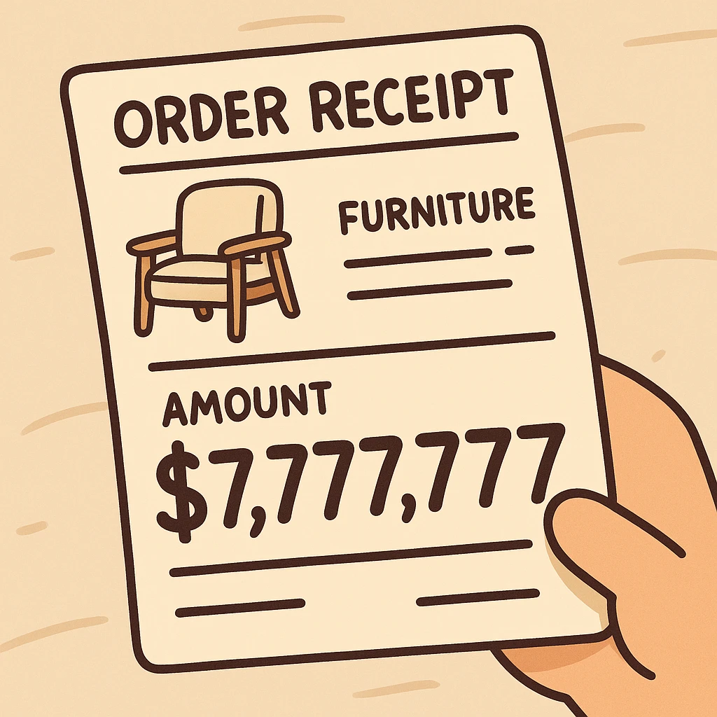 a furniture order receipt showing $7,777,777, cartoon style emoji