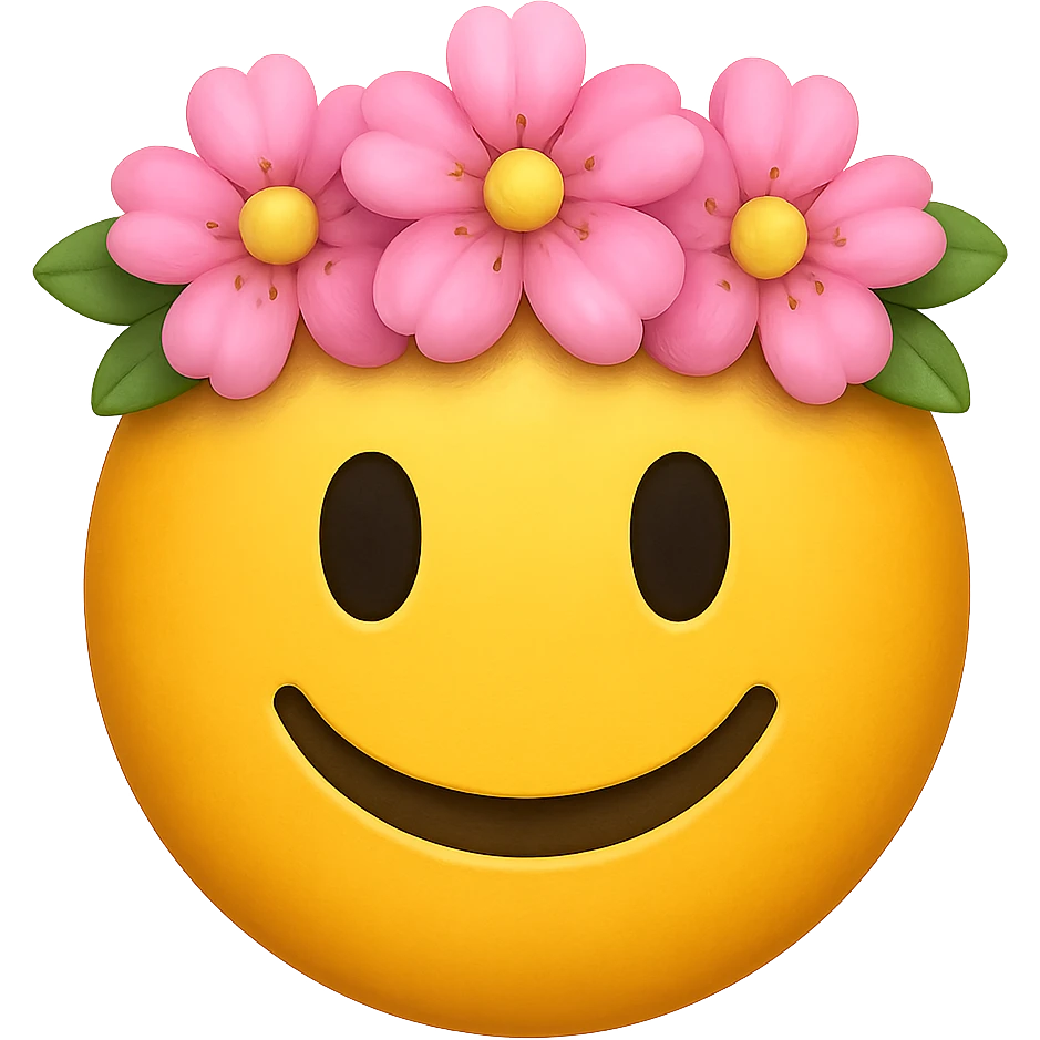 yellow face with pink flower crown emoji, digital illustration, remove background emoji
