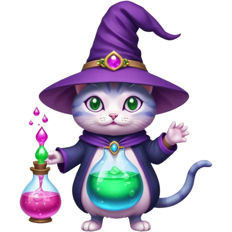 Purple witch cat full body with pink potion and blue potion  emoji