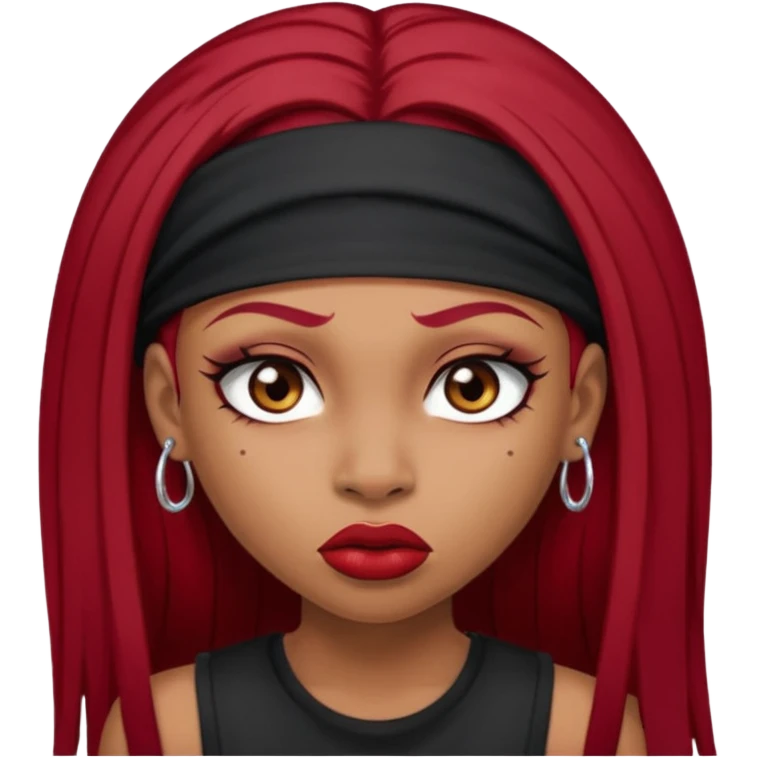 light-skinned black girl with very long eyelashes with long strait dark red hair with edges wearing a black top with no sleeves. and a red accessory on her head with nose and mouth piercings and is a baddie and looks like a bad girl. emoji