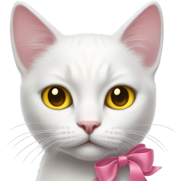 Realistic white cat with yellow eyes wearing pink bow emoji