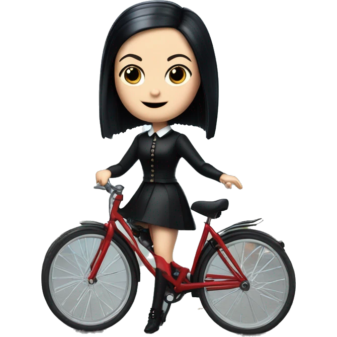 Birdhouse design of Wednesday Addams (from the tv series) skipper Barbie riding a bike To Nevermore Academy  emoji