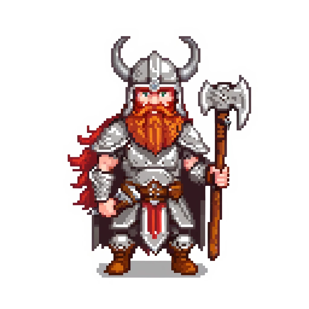 ginger viking warrior with red beard, horned helmet and metal armor, battle axe emoji