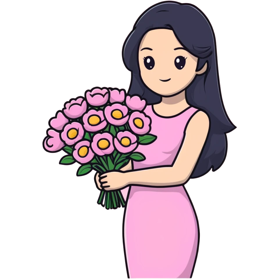 beautiful young woman with long black hair, fair skin, wearing pink dress and holding a bouquet of flowers emoji