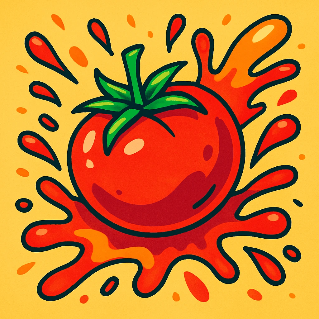 a tomato splashing, energetic, vibrant, cartoon style emoji