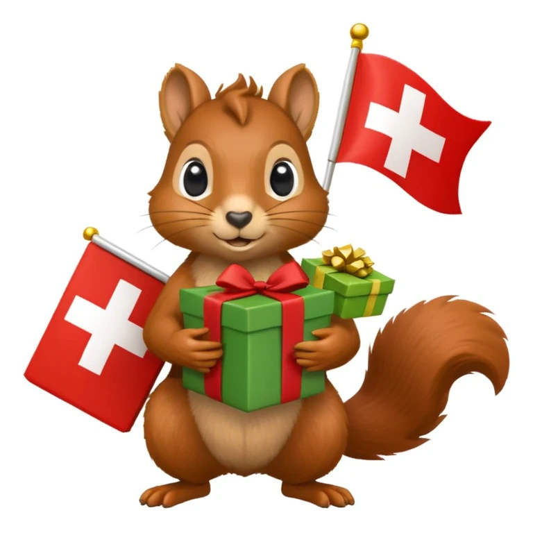 realistic squirrel holding a green gift box in one hand and a red Swiss flag in the other, both objects clearly visible, simple white background, the gift is a different color from the flag emoji