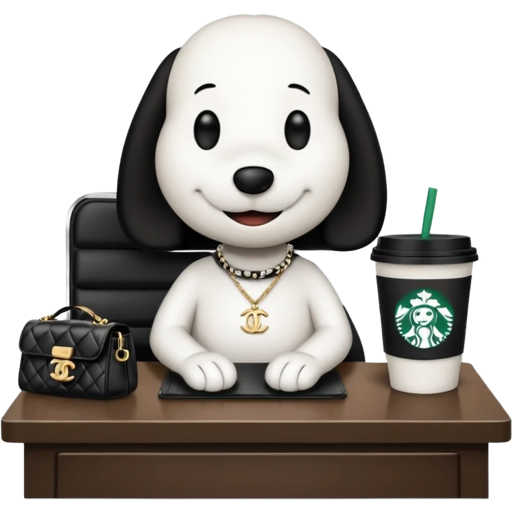 snoopy in a desk with starbucks and his chanel purse emoji