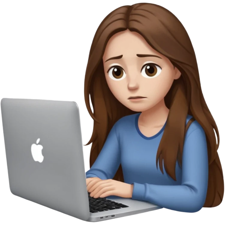 create a woman long hair brown, sitting with her macbook looking tired. looking at her computer, exausted  emoji