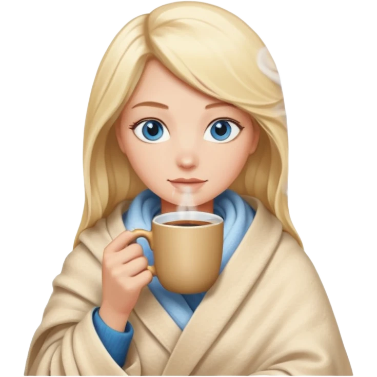Blonde with blue eyes wrapped up in a cozy blanket with a hot coffee emoji
