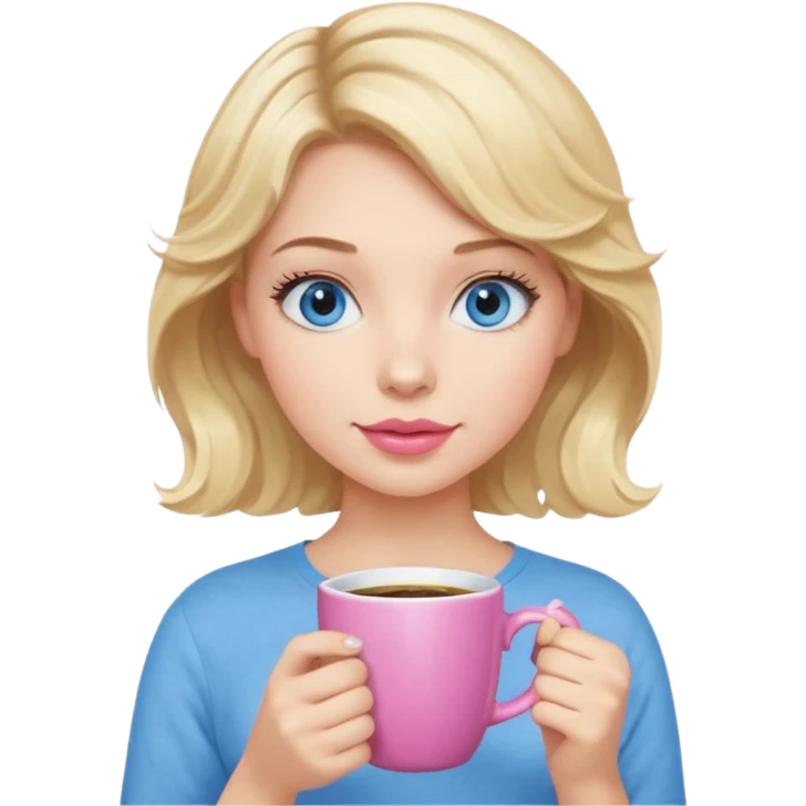 Girl Blonde short wavy hair,  blue eyes, cute blue top, long lashes, pink lips, holding white hot coffee mug emoji
