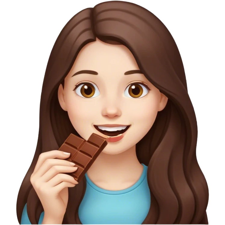 beautiful happy pale brunette girl with long hair eating a bar of chocolate  emoji