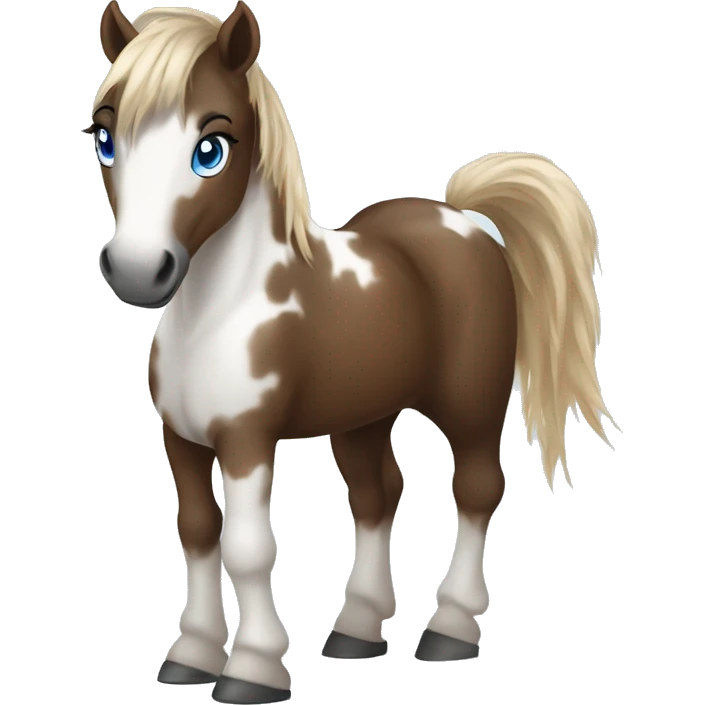Brown and white spotted pony with blue eyes and black horsehair emoji