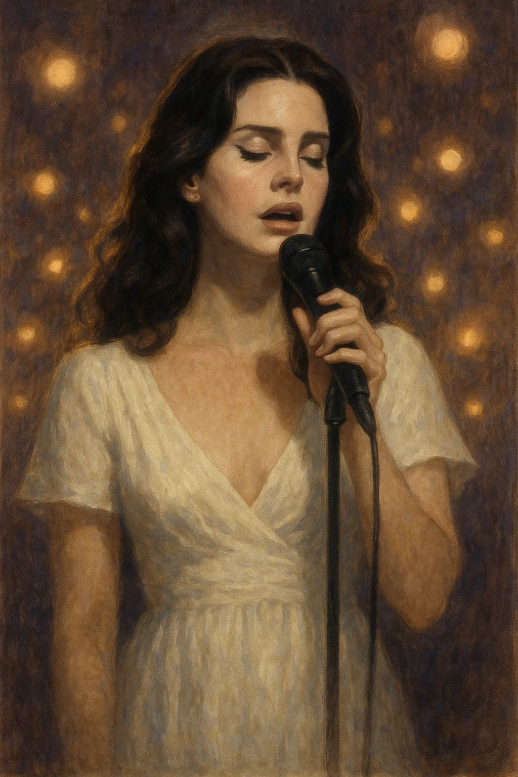 A stylized portrait of Lana Del Rey in a white dress, eyes closed, singing 'Heart Shaped Box', surrounded by soft glowing lights, romantic and melancholic mood emoji