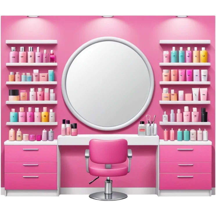 big beauty salon showcase with well-organized brand-labeled beauty products on a white shelves, emoji style, with a nearby hairstylist chair in pink color and a big mirror, adjusted mirror size emoji