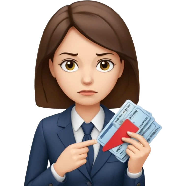 Девушка в офисном костюме, хмурая, с билетами на самолет в руках  emoji