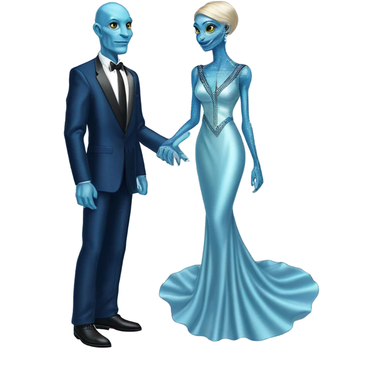 reptilian alien woman, in long slim pastel blue formal party satin dress with gradient shiny sparkling navy blue diamonds embroidered , and caucasian man in black dress emoji