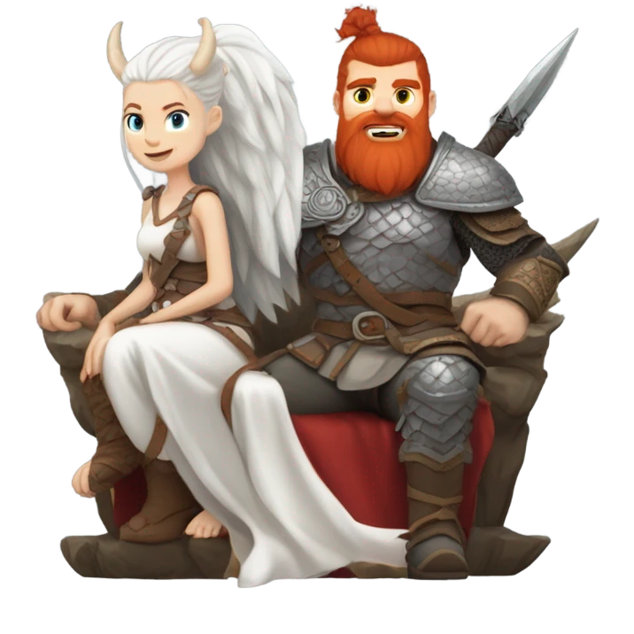  White Viking red head pale skin beautiful dragon  queen with a Viking solder with a gray man bun built white solder on a dragon  emoji