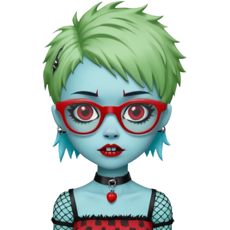 Ghoulia yelps monster high doll in scene/emo style cherry print dress with fishnet sleeves, clothes, thin, small, red, rectangle glasses, pale white-blue skin, pale-green shaggy short hair , zombie scars , boy, punk choker emoji