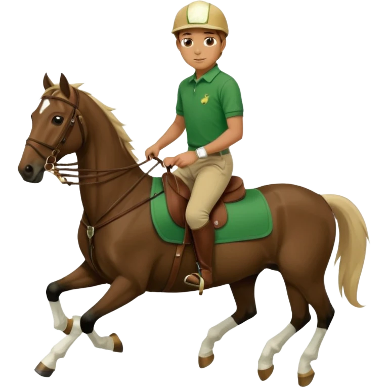 a boy in green rl polo polo tshirt with beig breaches and brown boots on black polo horse with white blaze emoji